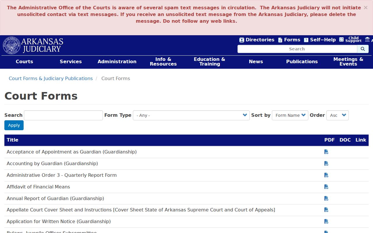 Arkansas Judiciary court forms page relevant to Chicot County civil court matters