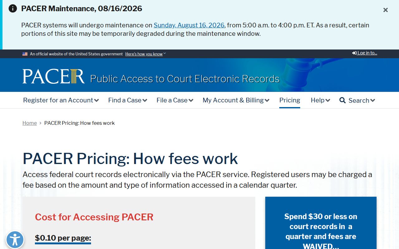 PACER pricing source for federal records related to Chicot County