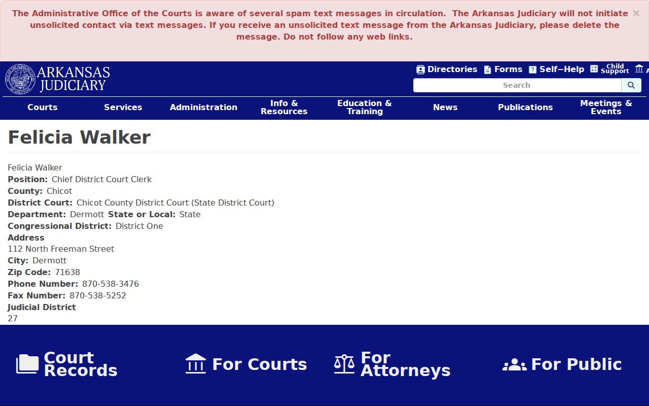 Dermott clerk profile for Chicot County traffic court records