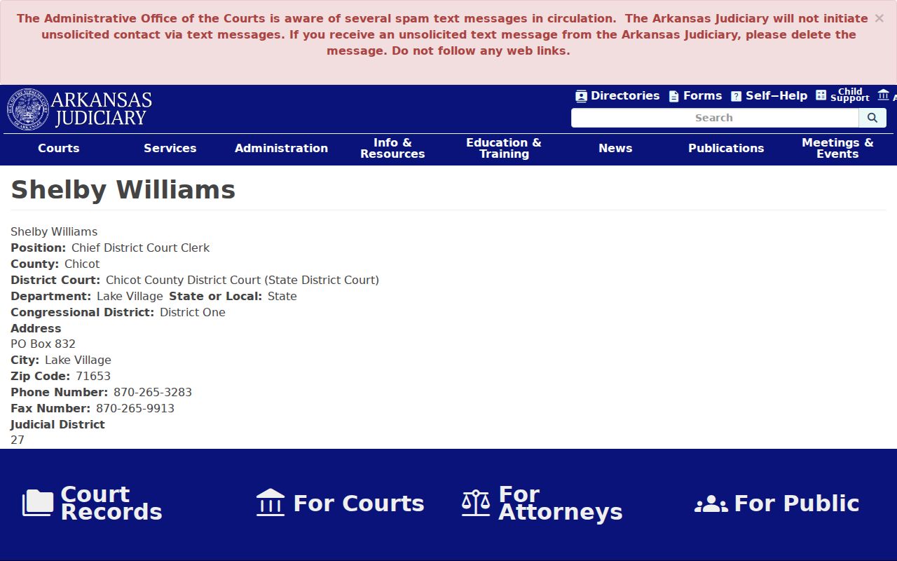 Lake Village clerk profile for Chicot County traffic court records