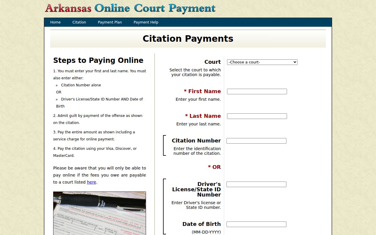 Arkansas citation interface excluding Chicot County traffic courts